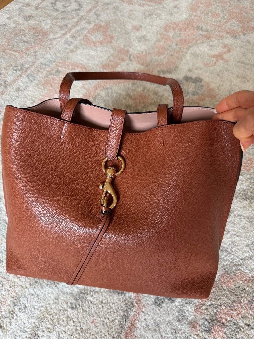 Rebecca Minkoff Brown Leather Tote with Gold Hardware and Pink Lining